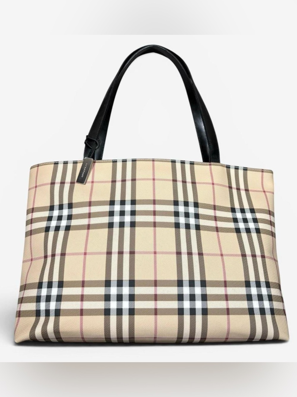 Burberry London Nova Check Plaid Canvas Leather Tote Shoulder Hand Bag Beige
